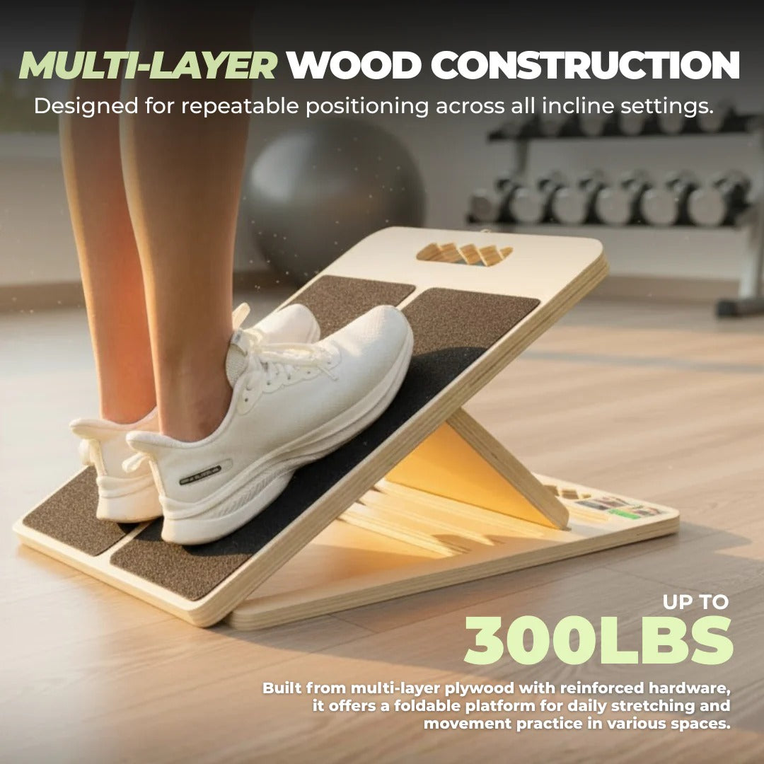 Tabla inclinada de madera ajustable de cinco niveles para estiramientos y ejercicio