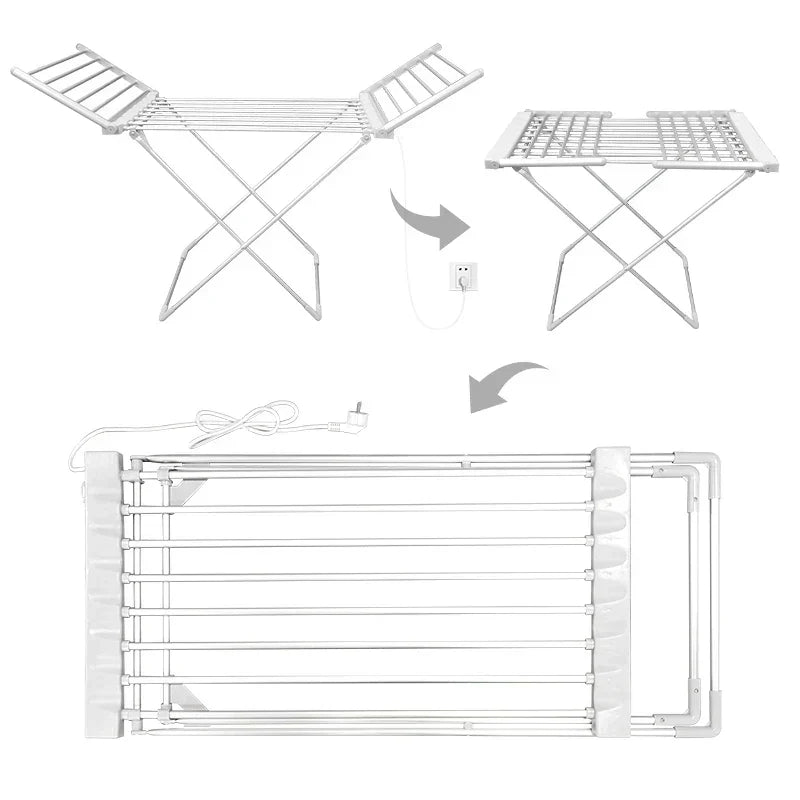 Tendedero eléctrico plegable con barras calefactables de bajo consumo para interior