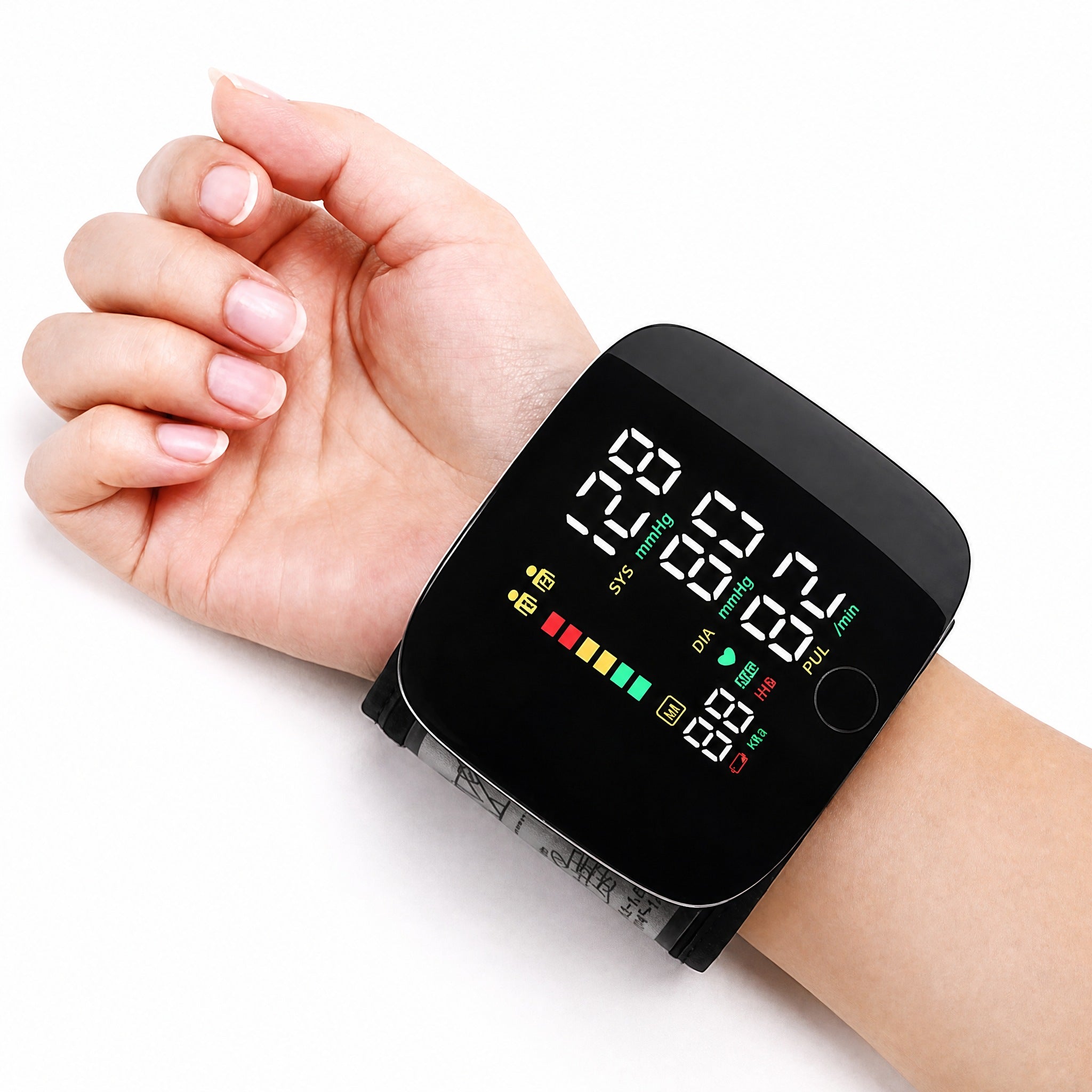 Tensiómetro de muñeca digital recargable USB-C con comandos de voz, pantalla LCD de 3 colores y memoria para 2 usuarios