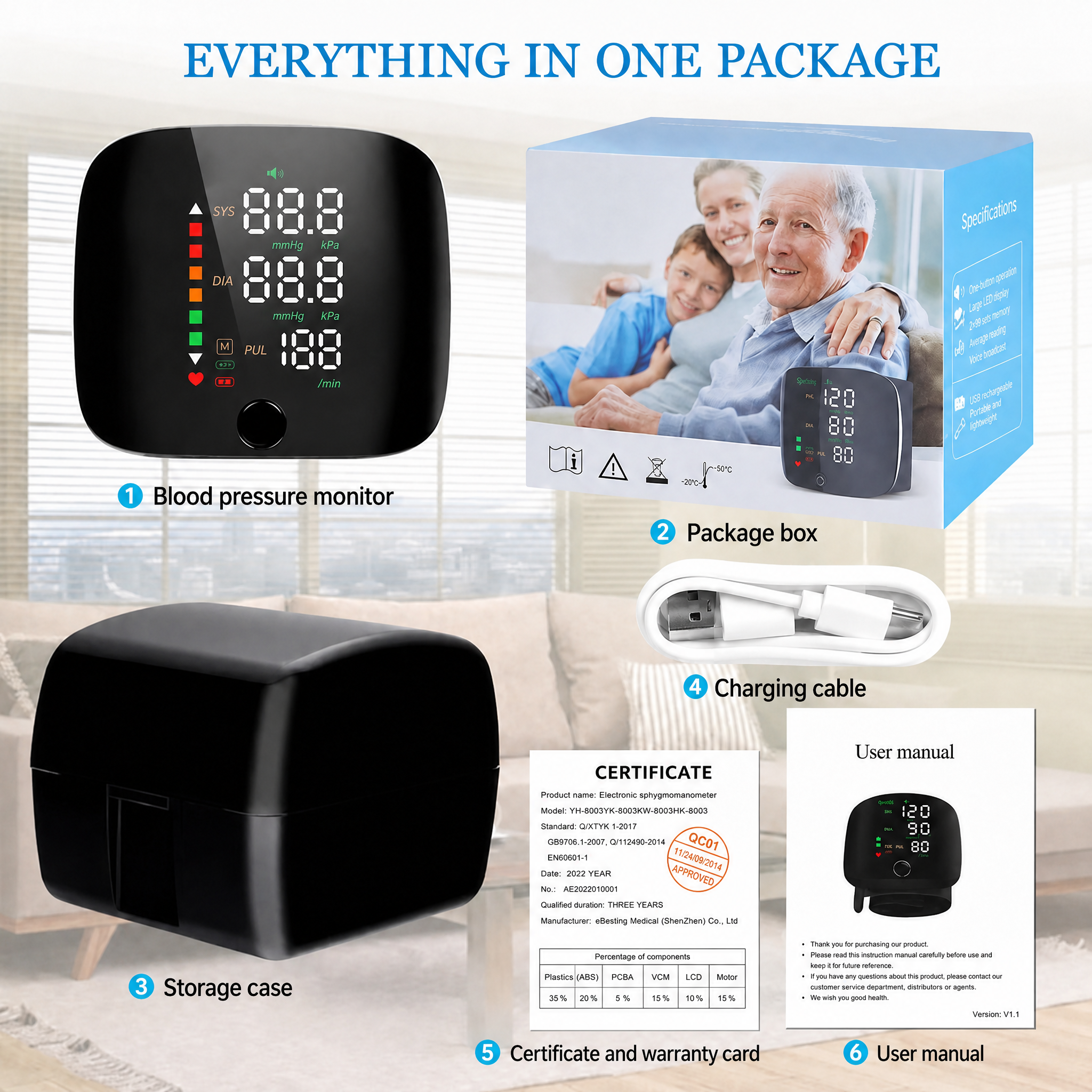 Tensiómetro de muñeca digital recargable USB-C con comandos de voz, pantalla LCD de 3 colores y memoria para 2 usuarios