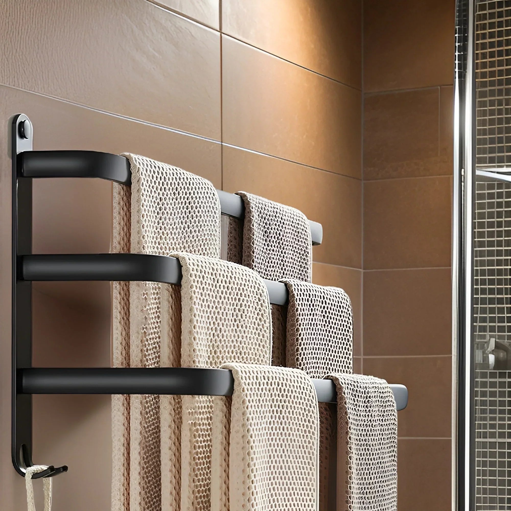 Toallero de pared de aluminio con 3 niveles que ahorra espacio