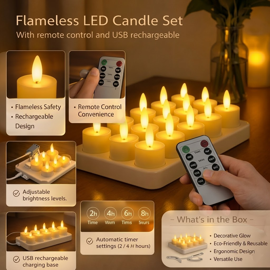 Velas LED recargables sin llama con mando a distancia y temporizador