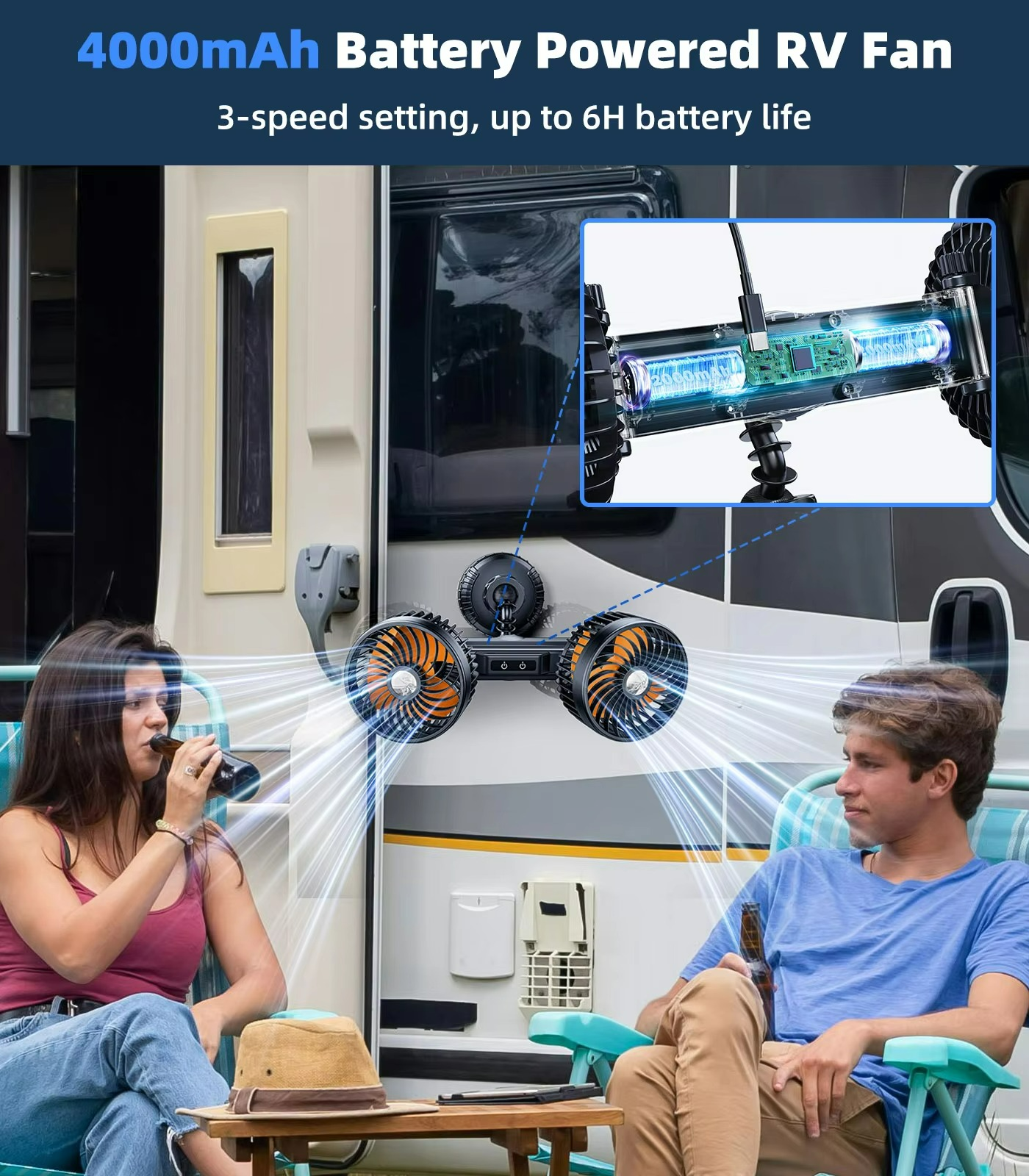 Ventilador de coche AeroBreeze inalámbrico con batería de 4000 mAh y 3 velocidades