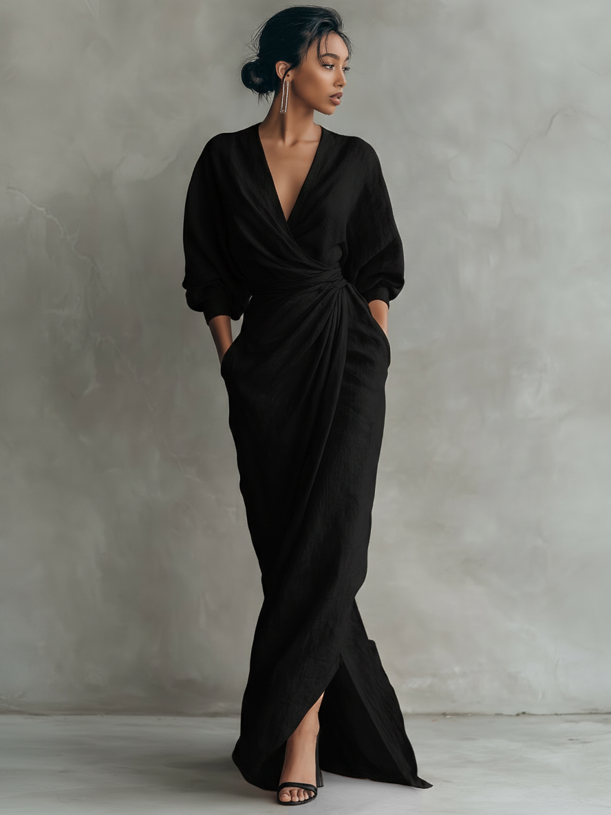 Vestido largo de mujer elegante con cuello en V drapeado y mangas murciélago