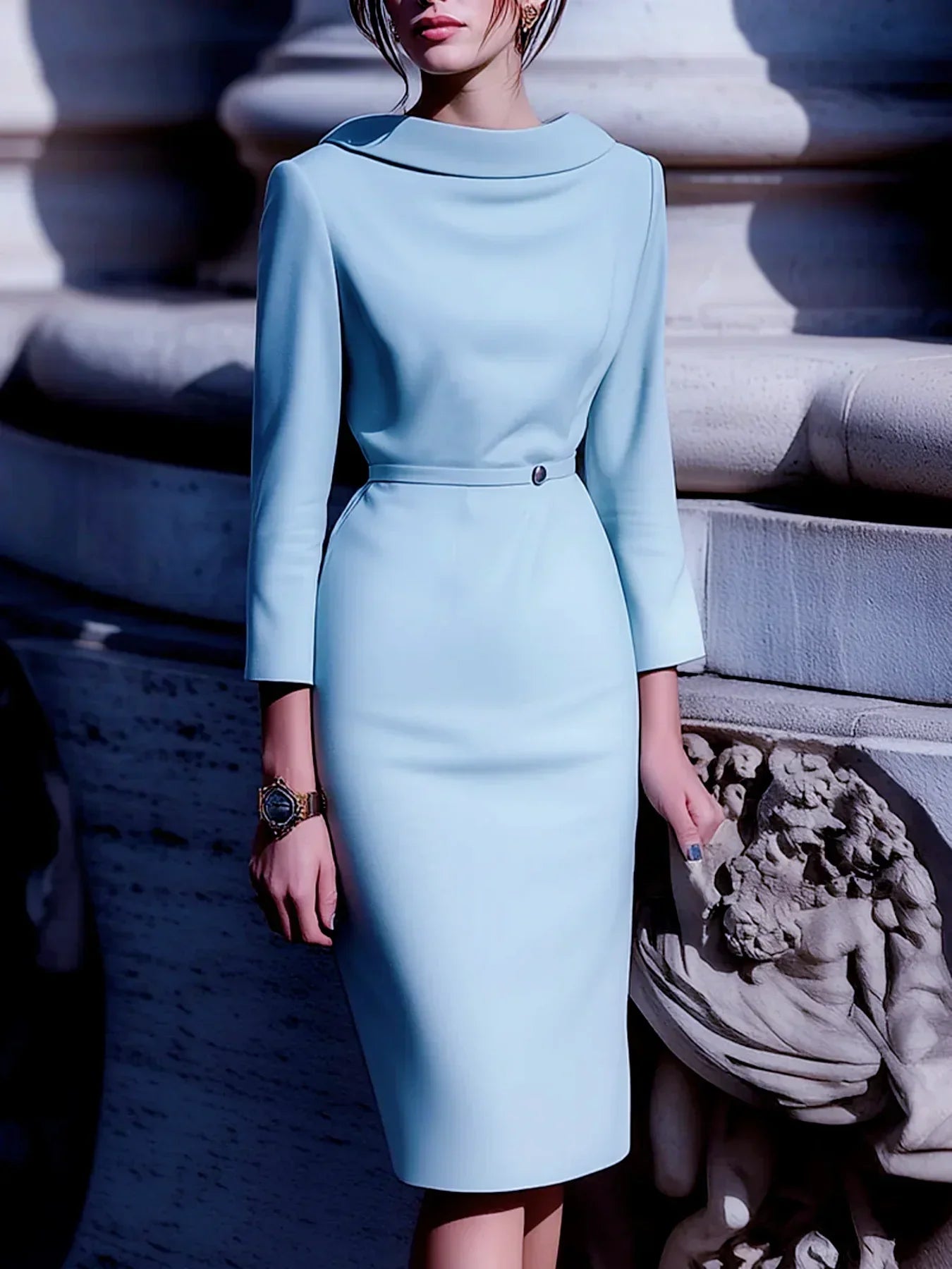 Vestido midi de mujer con cinturón, espalda en V y cuello camisero para el trabajo