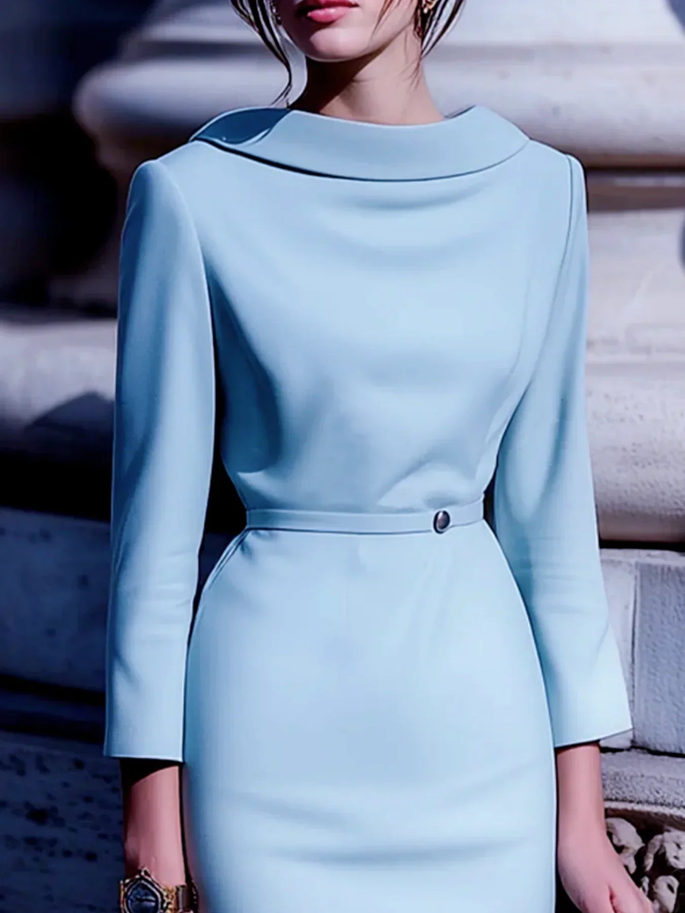 Vestido midi de mujer con cinturón, espalda en V y cuello camisero para el trabajo