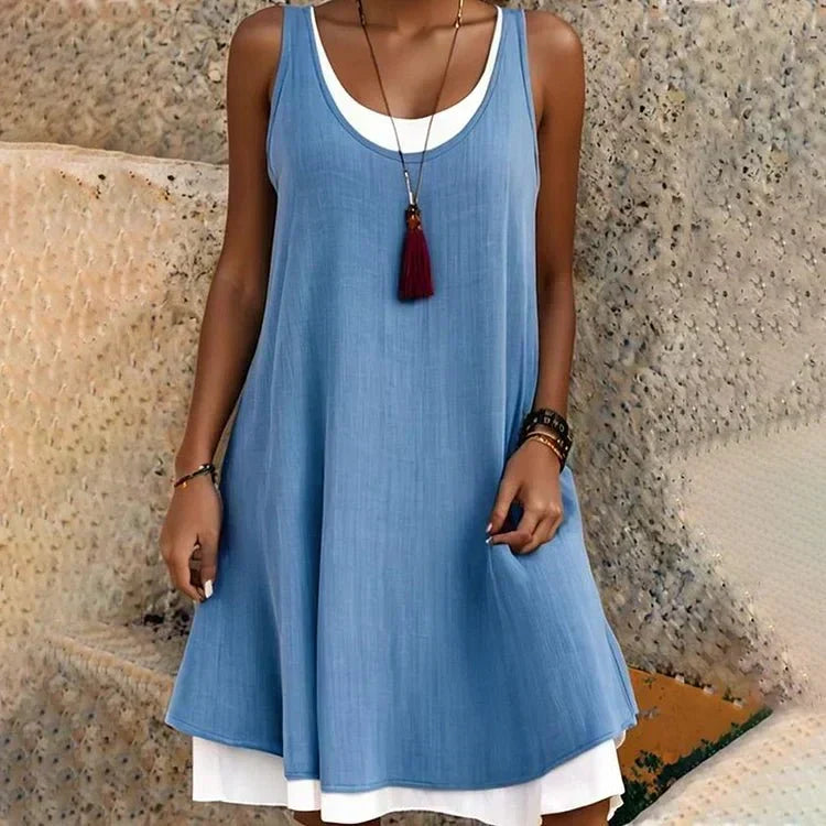 Vestido mini de mujer con efecto superpuesto: estilo elegante sin mangas y cuello redondo