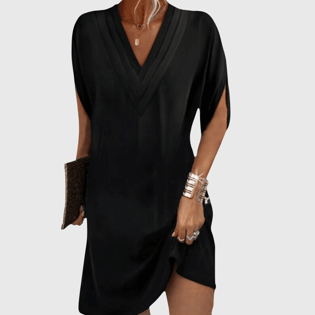 Vestido mini de mujer con cuello en V y manga corta drapeada estilo cóctel