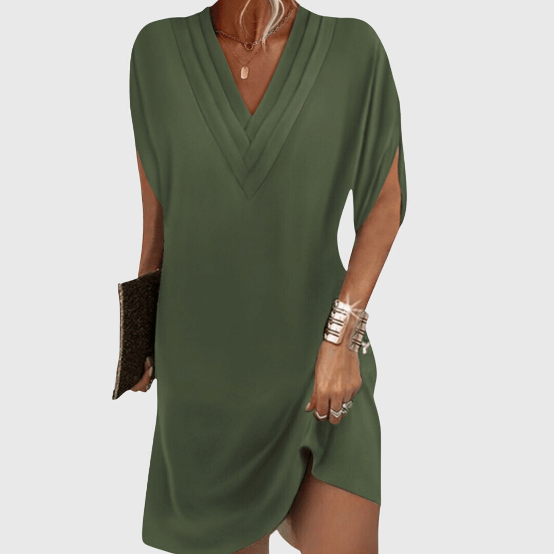Vestido mini de mujer con cuello en V y manga corta drapeada estilo cóctel