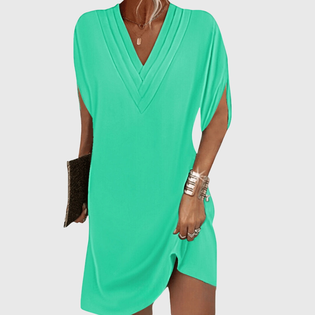 Vestido mini de mujer con cuello en V y manga corta drapeada estilo cóctel
