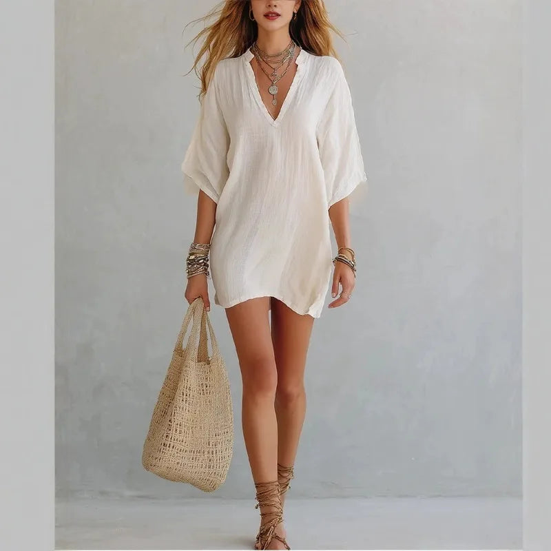 Vestido mini túnica de mujer con cuello en V - Corte relajado sin esfuerzo
