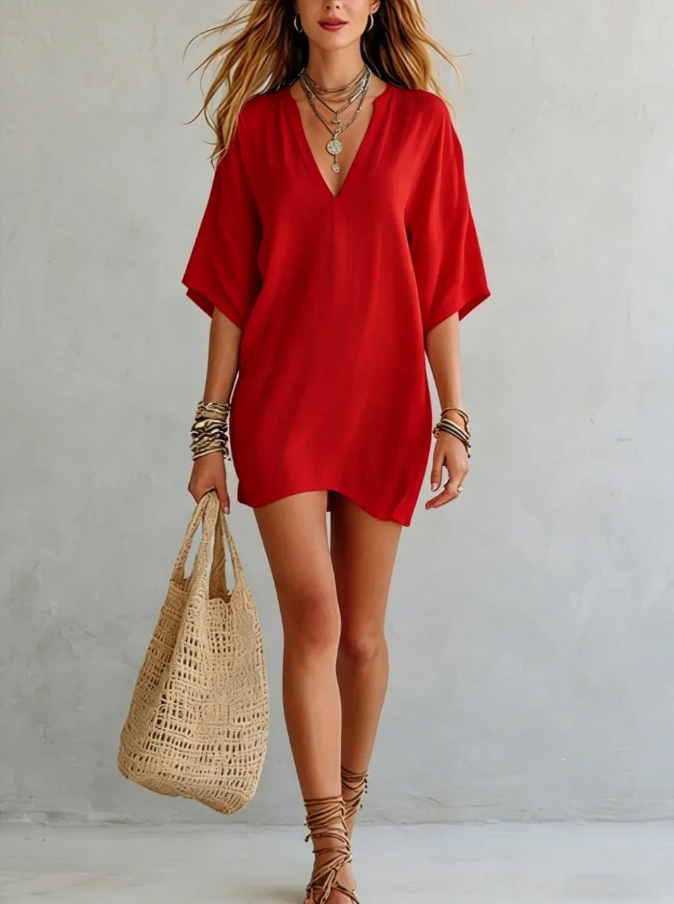 Vestido mini túnica de mujer con cuello en V - Corte relajado sin esfuerzo