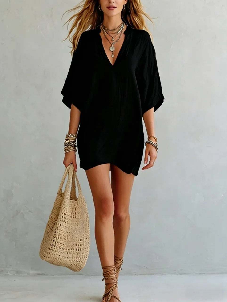Vestido mini túnica de mujer con cuello en V - Corte relajado sin esfuerzo