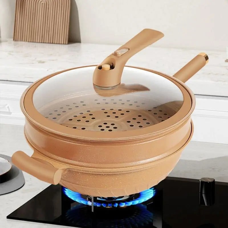 Wok antiadherente moteado con cesta de vapor y tapa de cristal