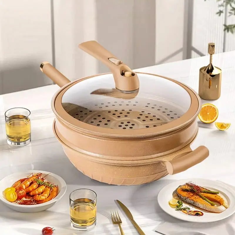 Wok antiadherente moteado con cesta de vapor y tapa de cristal