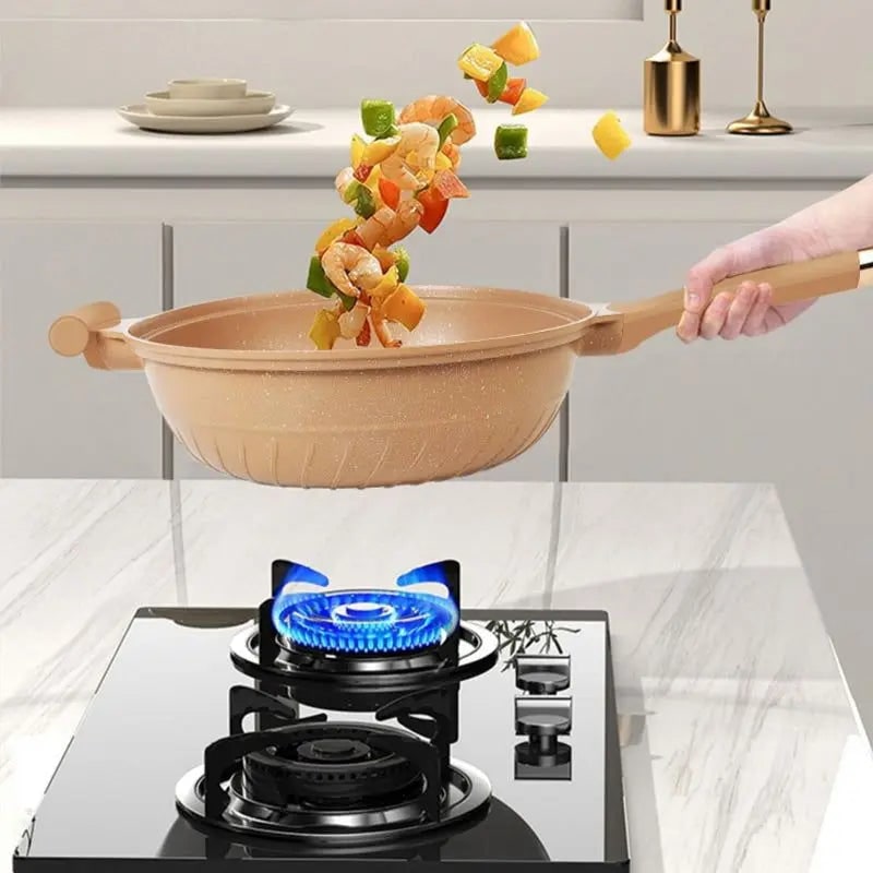 Wok antiadherente moteado con cesta de vapor y tapa de cristal