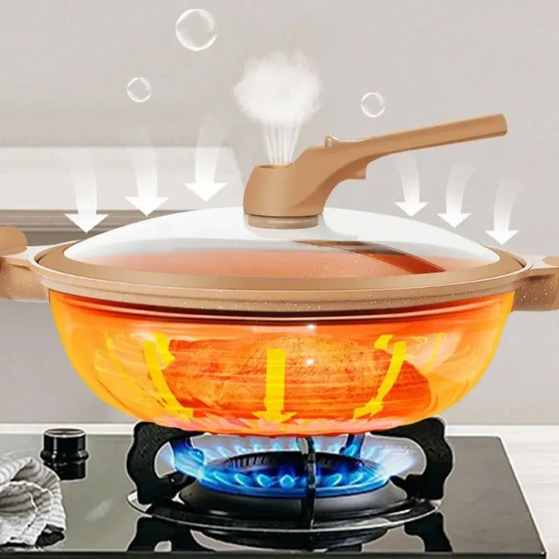 Wok antiadherente moteado con cesta de vapor y tapa de cristal