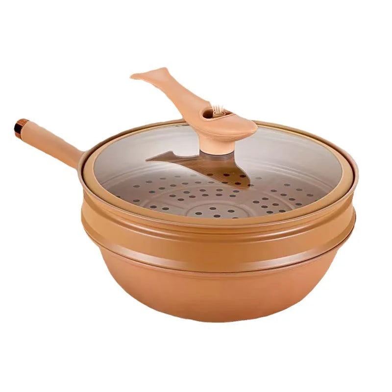 Wok antiadherente moteado con cesta de vapor y tapa de cristal