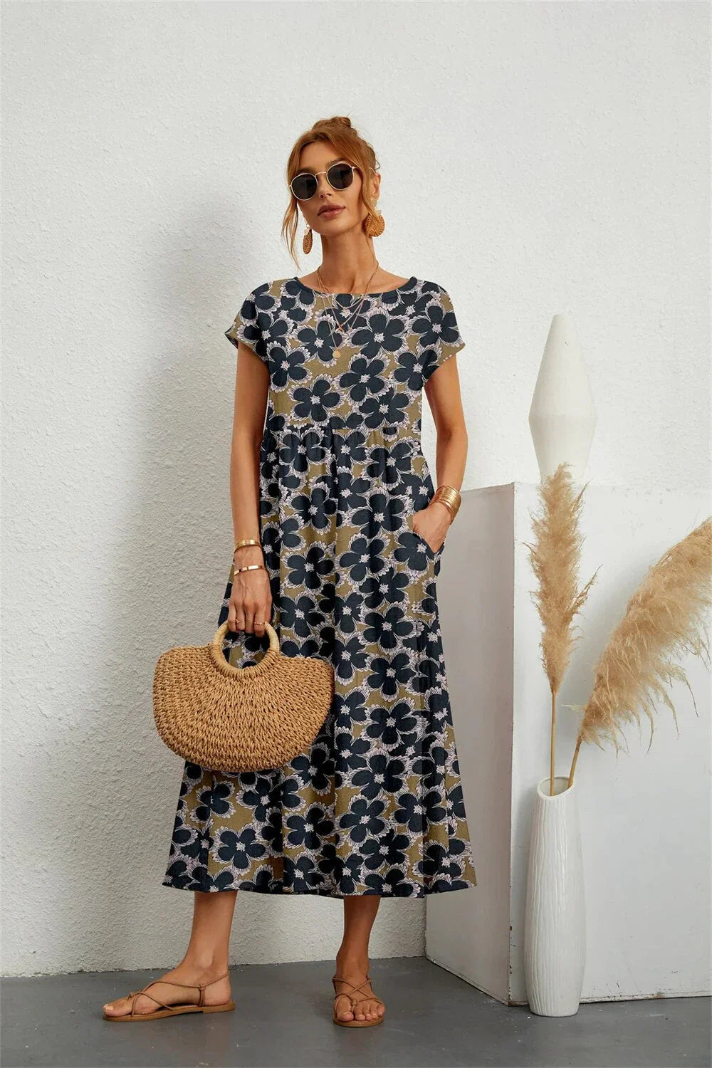 Vestido Midi Floral de Algodón y Lino