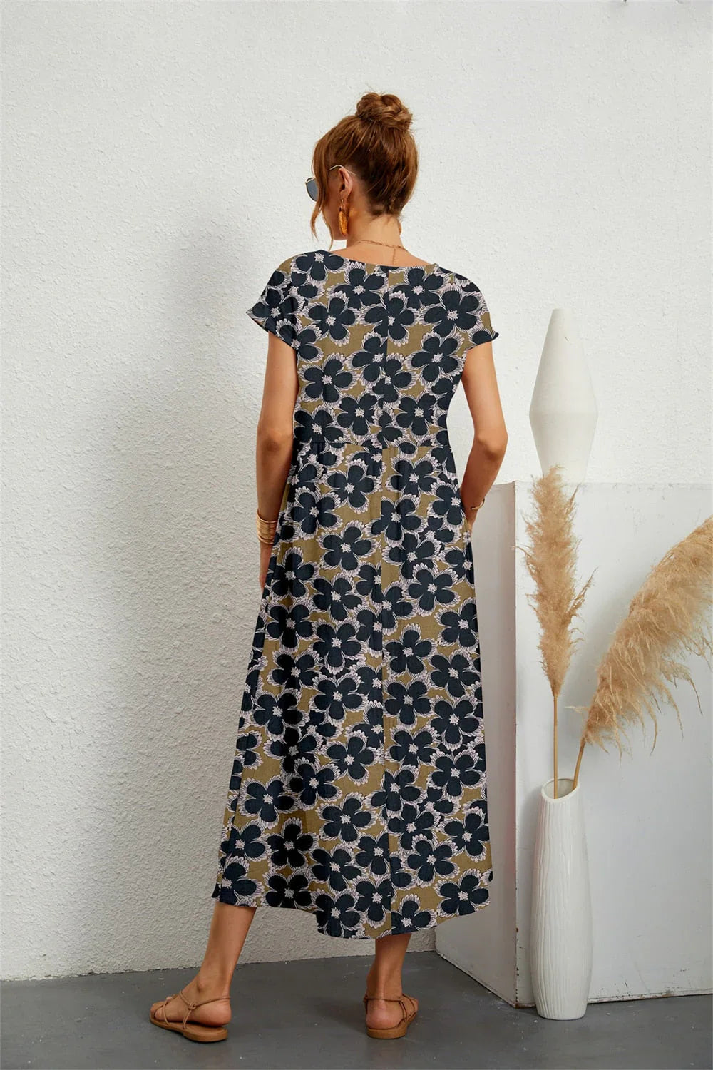 Vestido Midi Floral de Algodón y Lino