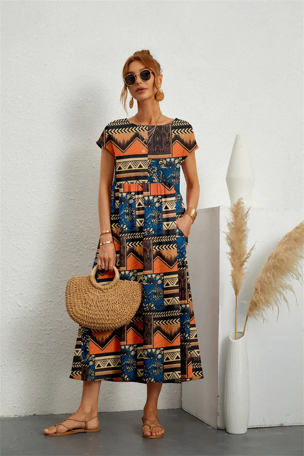 Vestido Midi Floral de Algodón y Lino