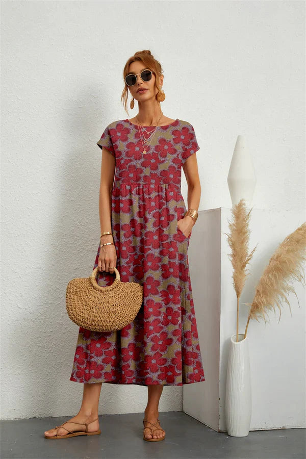 Vestido Midi Floral de Algodón y Lino