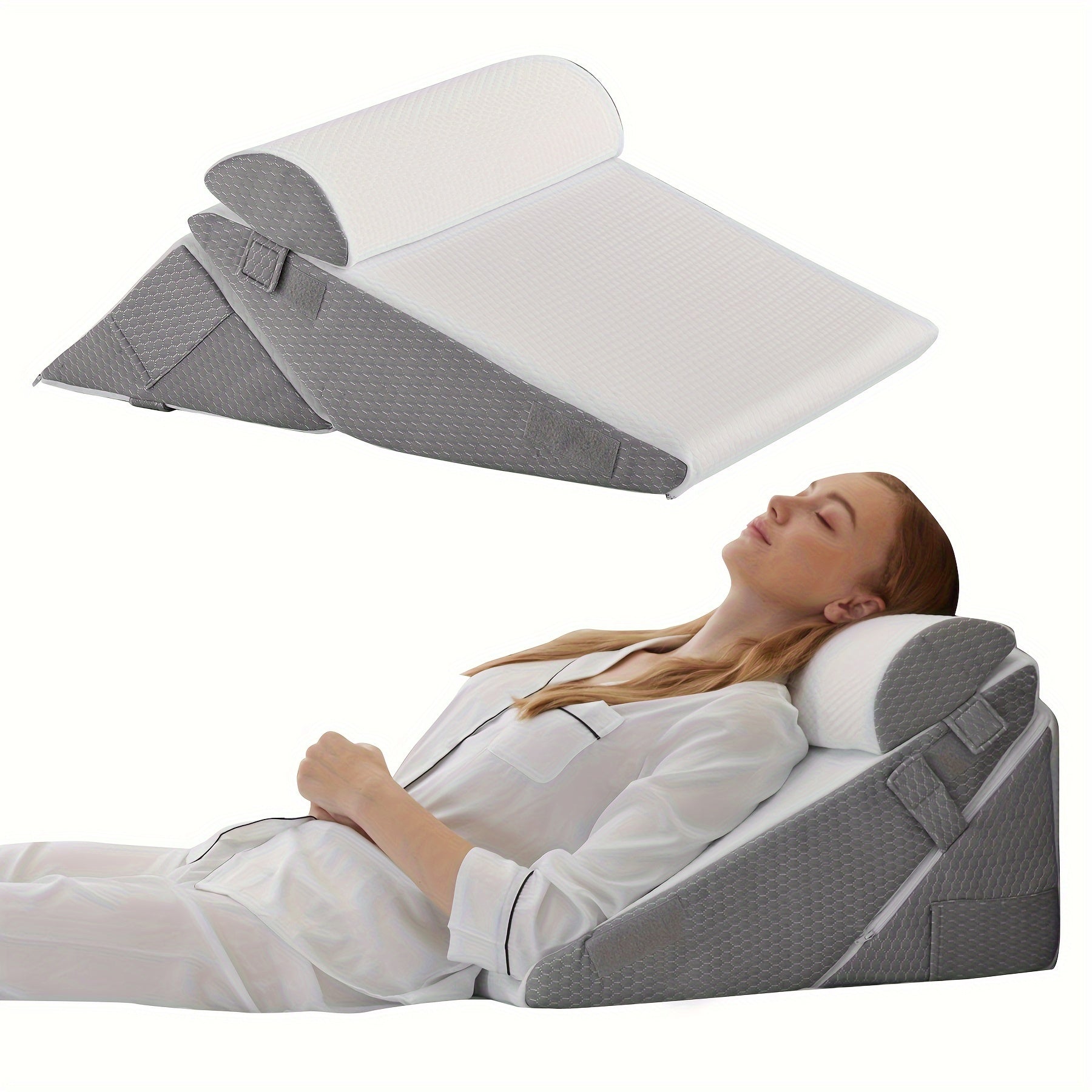 Cojín Cuña Ajustable para Cama – Soporte Lumbar y Piernas con Espuma Viscoelástica — Blanco Gris