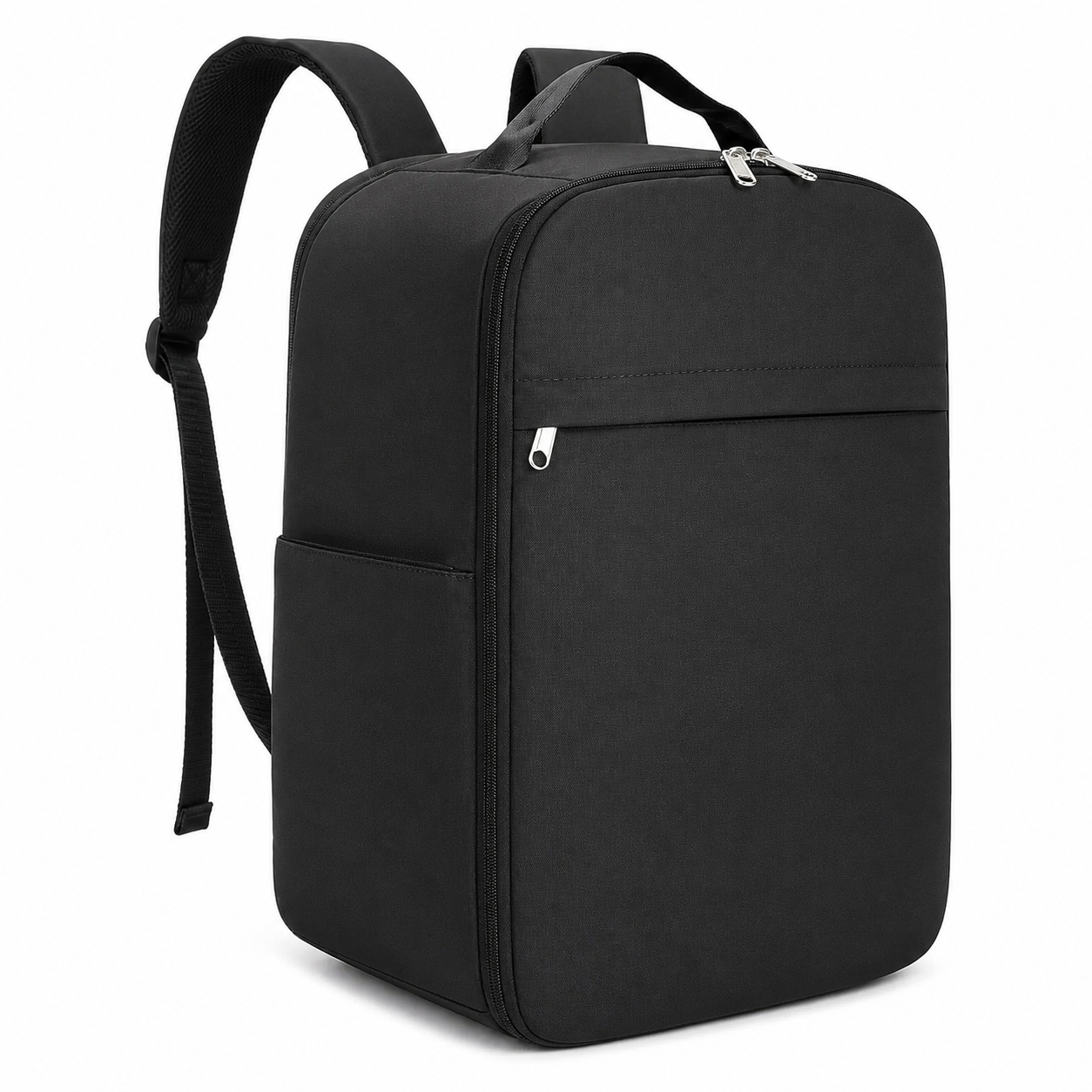 Mochila de nylon negra con compartimento para portátil de 15 pulgadas sobre fondo neutro