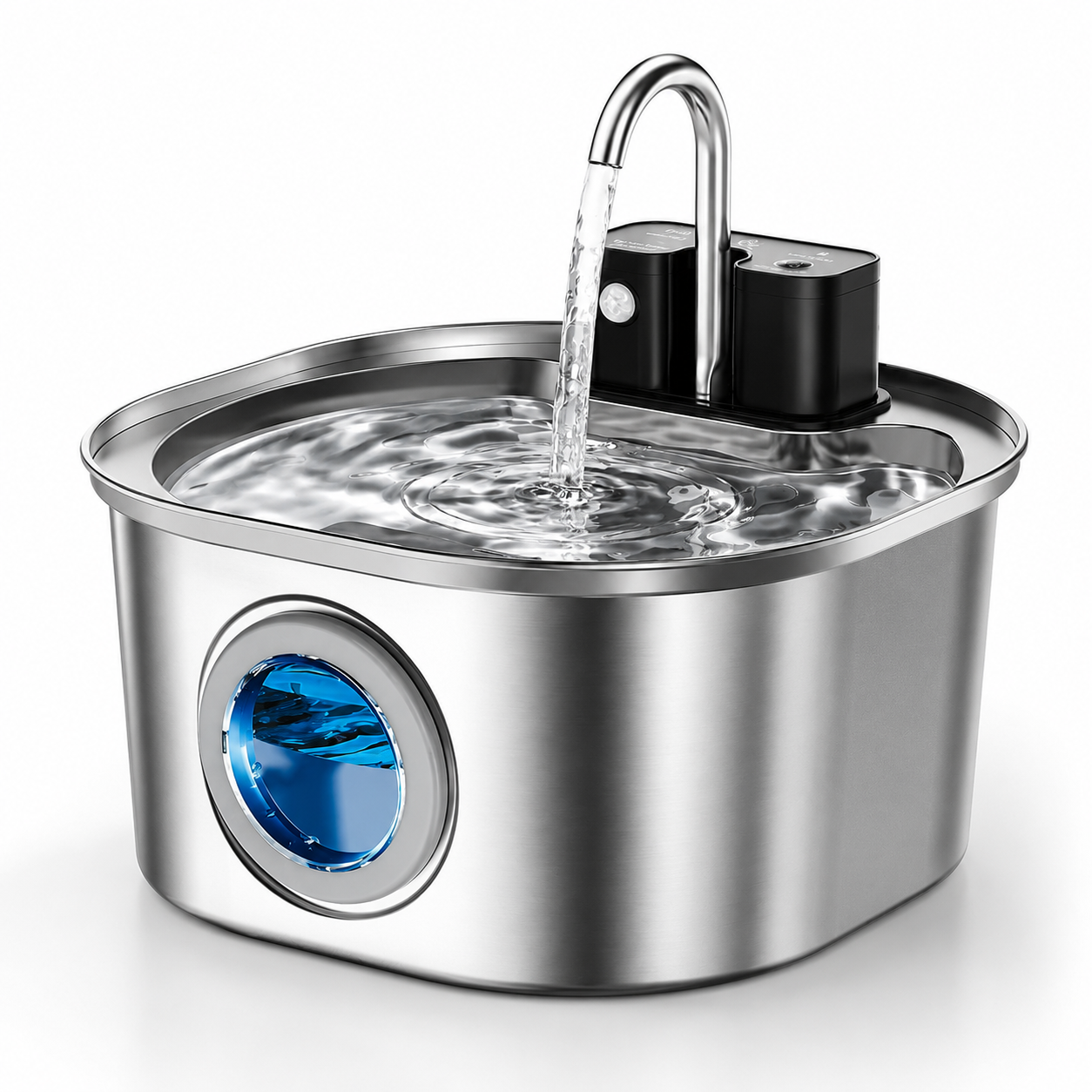 Fuente de agua para gatos de 3 litros en acero inoxidable con sensor inalámbrico sobre superficie neutra