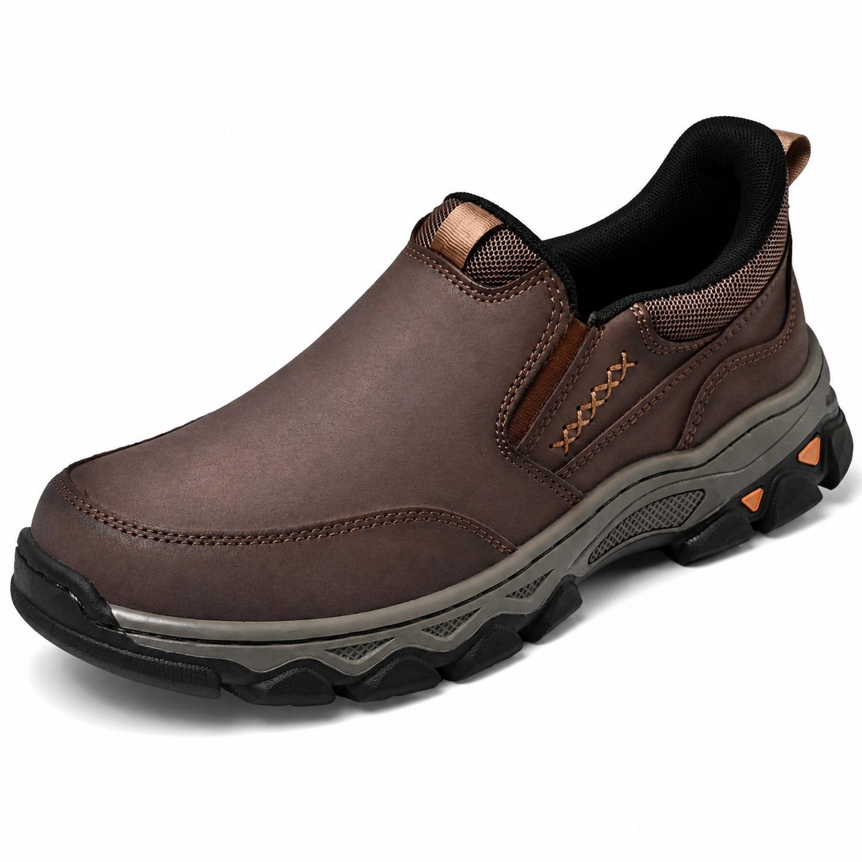 Zapato ortopédico sin cordones para hombre en color marrón oscuro sobre fondo neutro