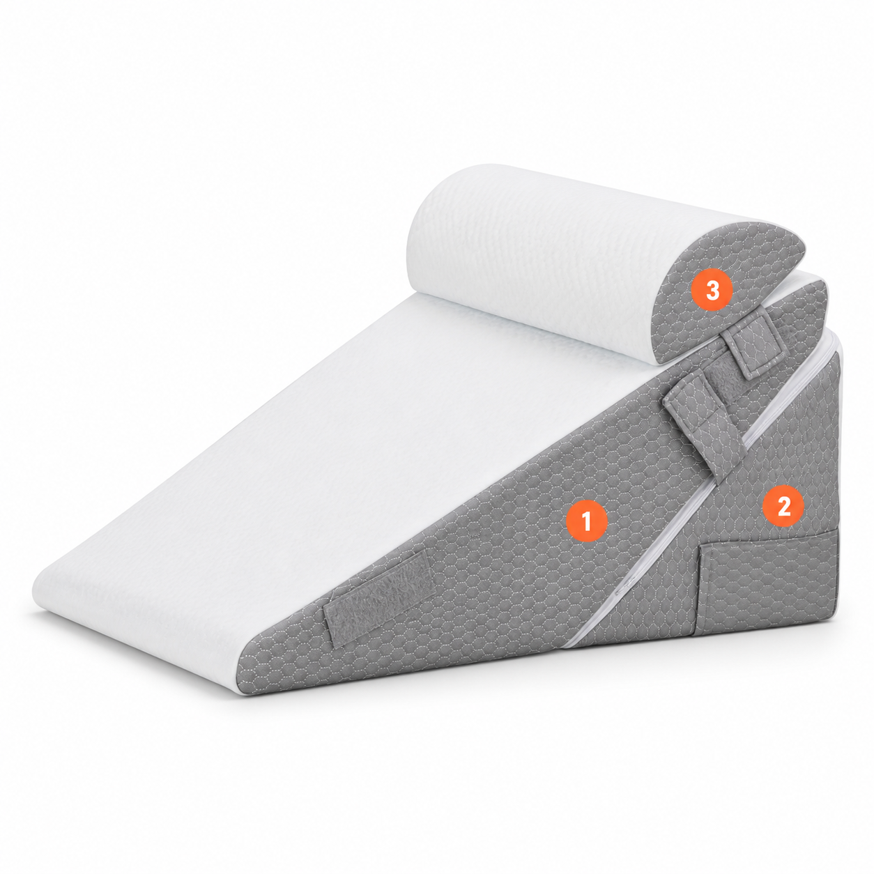 Cojín cuña ajustable con funda de poliéster suave sobre superficie neutra mostrando su forma triangular ergonómica
