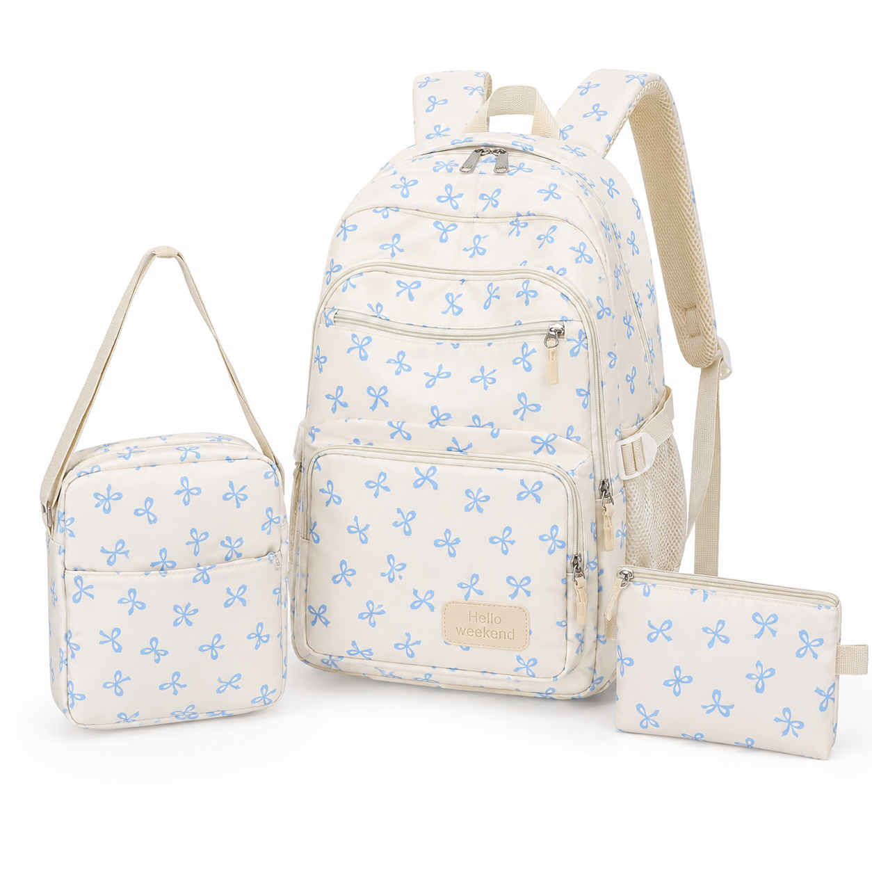 Mochila escolar de nailon con estampado geométrico de lazos, set completo de tres piezas sobre fondo neutro