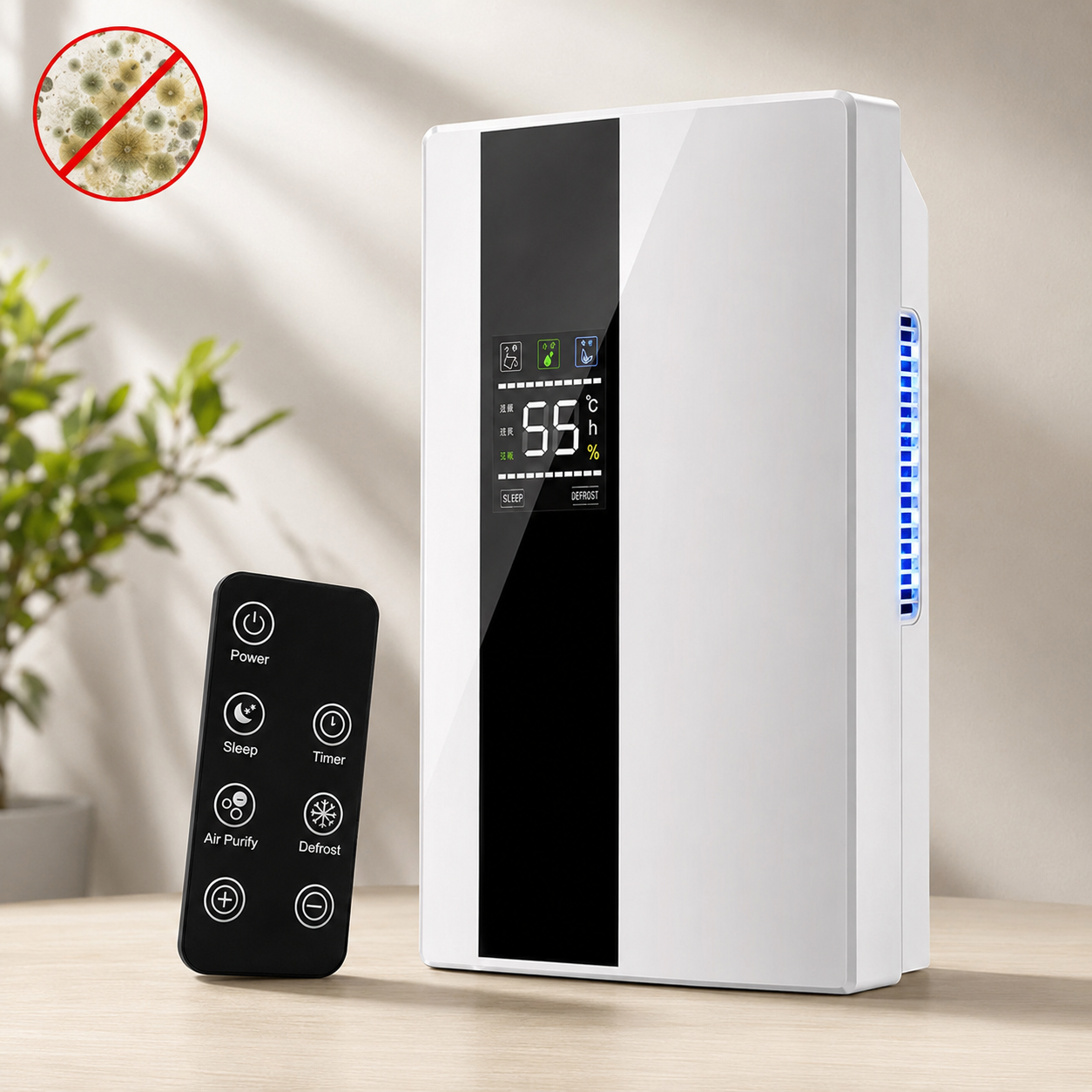 Deshumidificador eléctrico de 90W con panel de control digital y diseño compacto blanco sobre fondo neutro