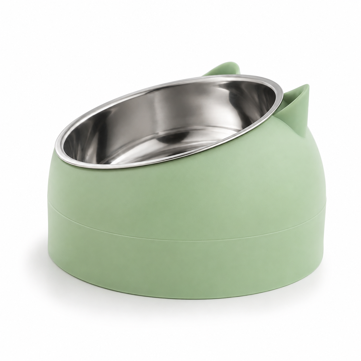 Comedero antivómitos para gatos con inclinación de 15 grados en color verde sobre superficie neutra