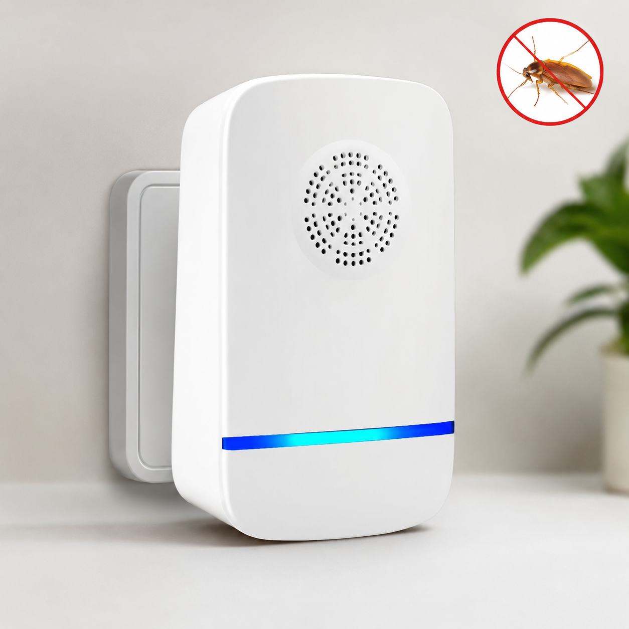 Repelente ultrasónico enchufable blanco conectado a toma de corriente para eliminar insectos y roedores