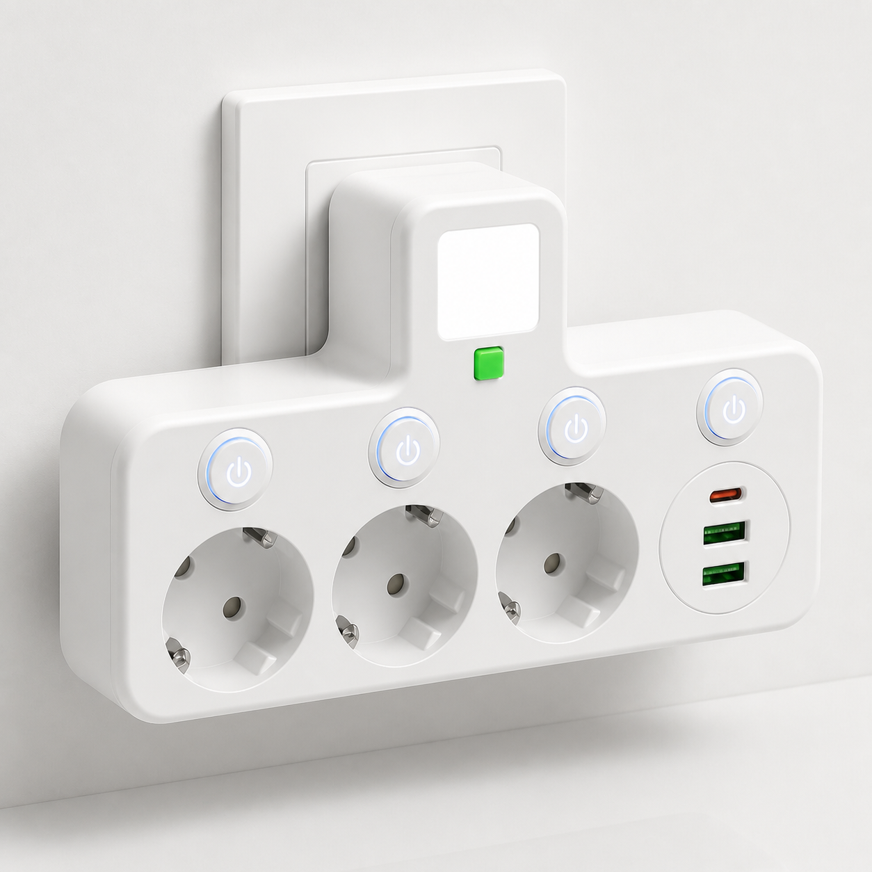 Regleta de 3 enchufes con puertos USB y USB-C, interruptor LED y acabado en policarbonato blanco