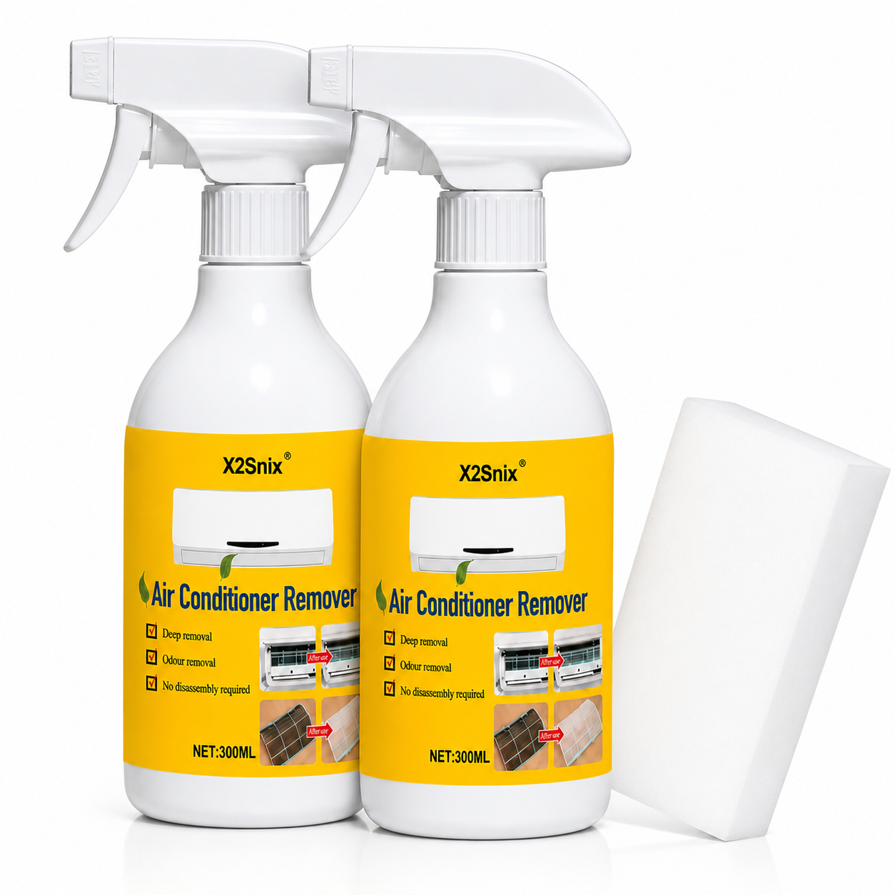 Kit limpiador de aire acondicionado con dos botellas de 300 ml y esponja de limpieza sobre fondo neutro