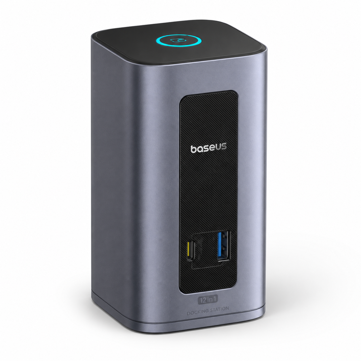 Hub USB-C 12 en 1 con doble salida HDMI, múltiples puertos USB y Ethernet sobre superficie blanca