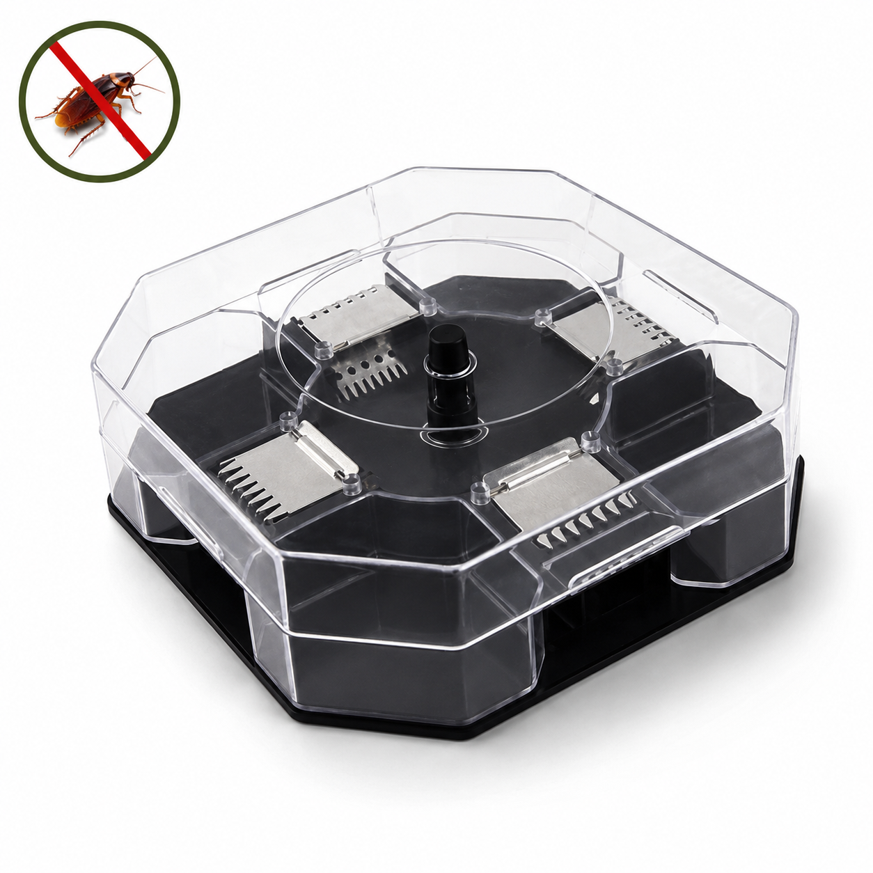 Trampa para cucarachas sin químicos en color negro sobre superficie neutra, mostrando su diseño compacto y discreto