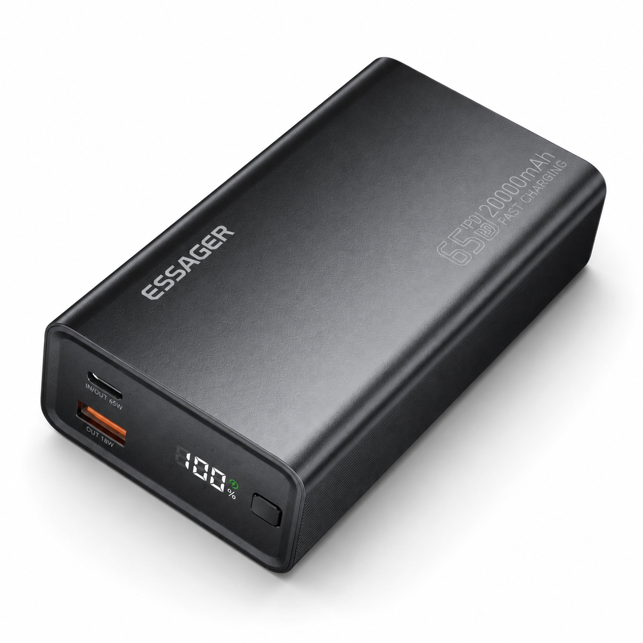 Batería externa de 20000mAh con pantalla digital LED y puertos USB-C y USB-A sobre superficie blanca