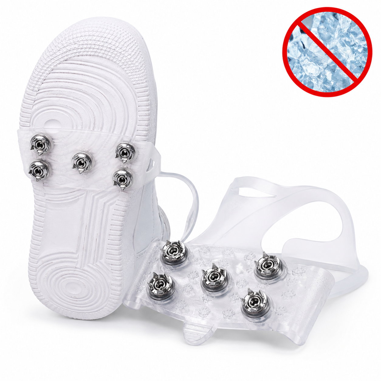 Crampones antideslizantes para hielo con puntas de manganeso sobre fondo neutro