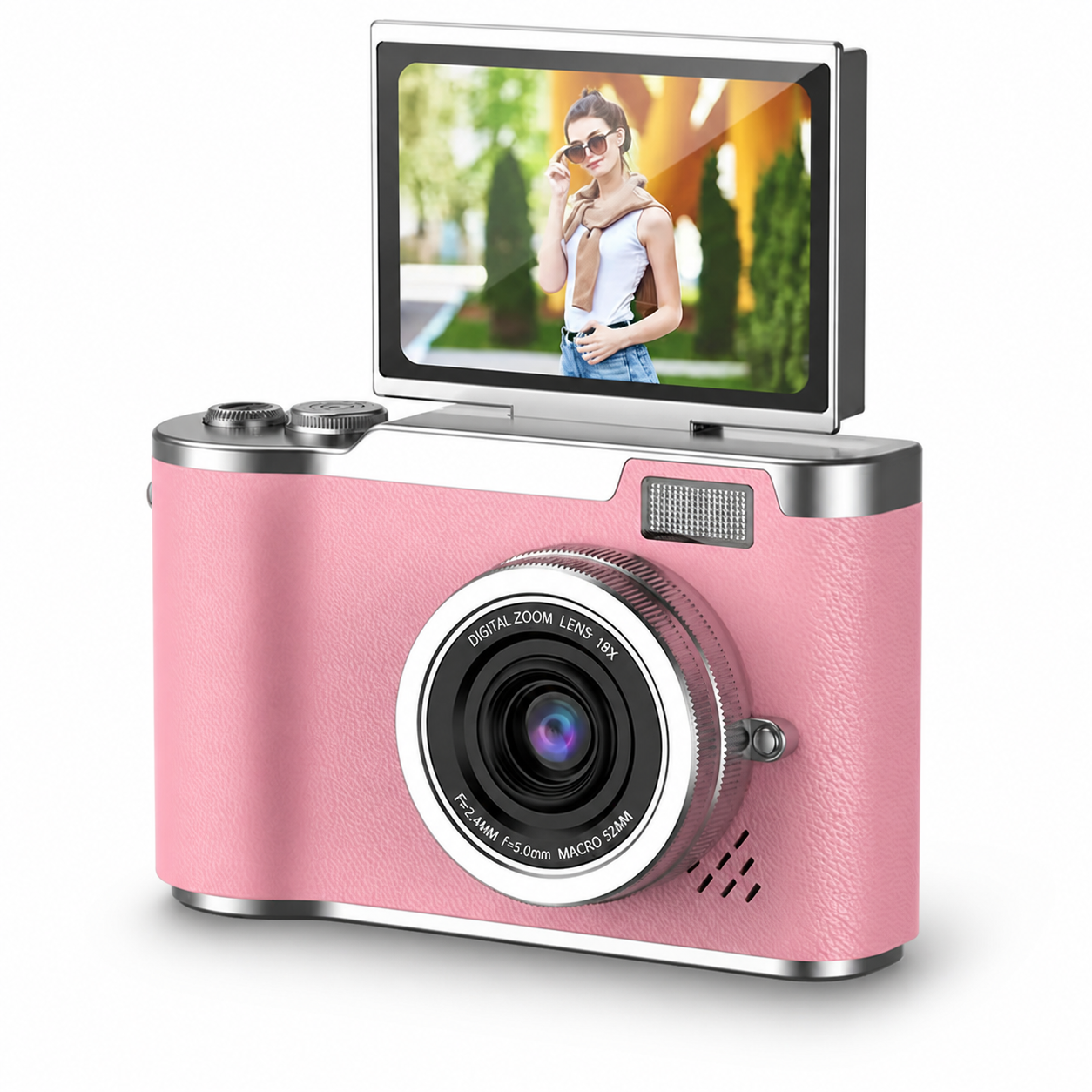 Cámara digital 4K con pantalla abatible y diseño compacto en varios colores sobre fondo neutro