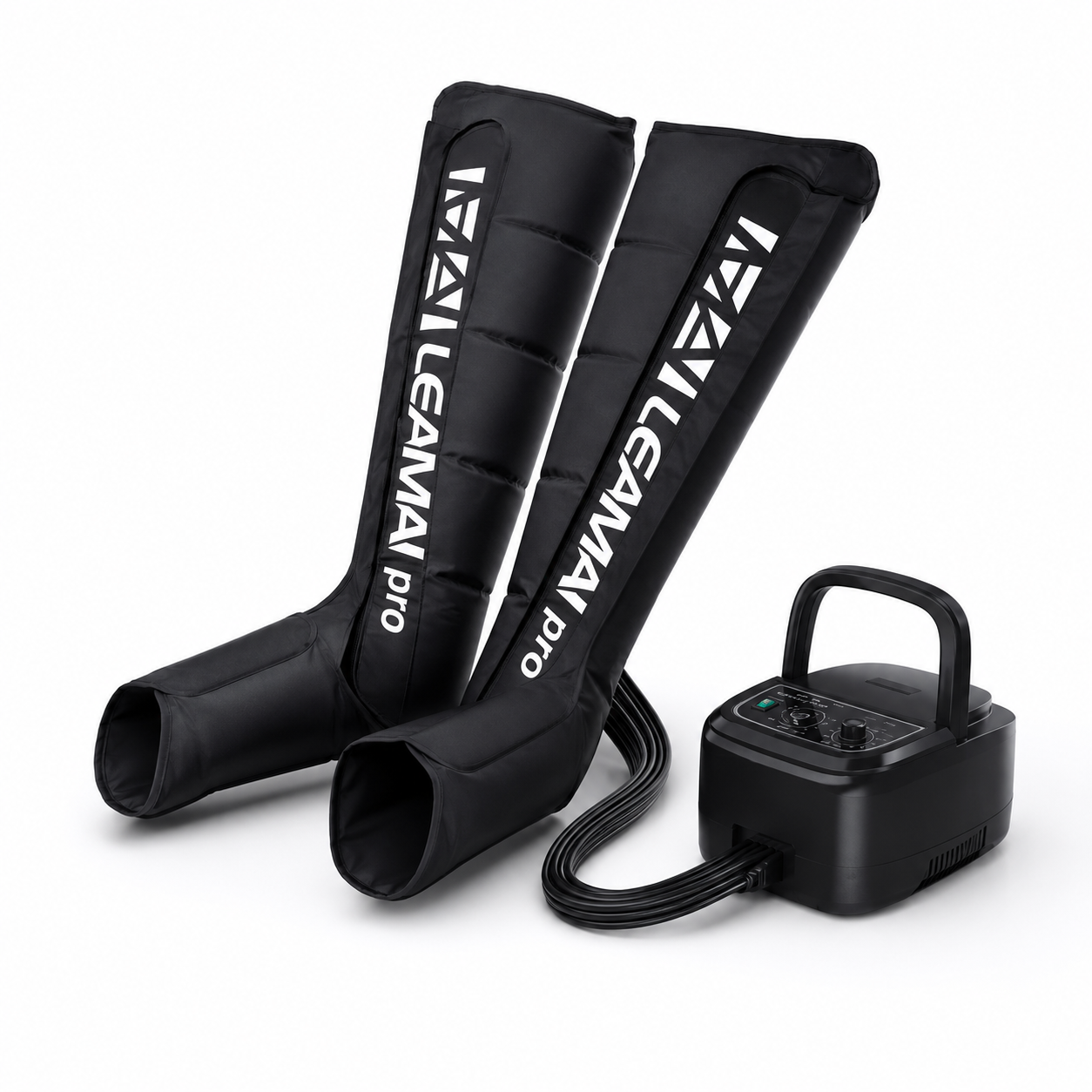 Botas de compresión de aire para masaje de piernas en color negro con unidad de control