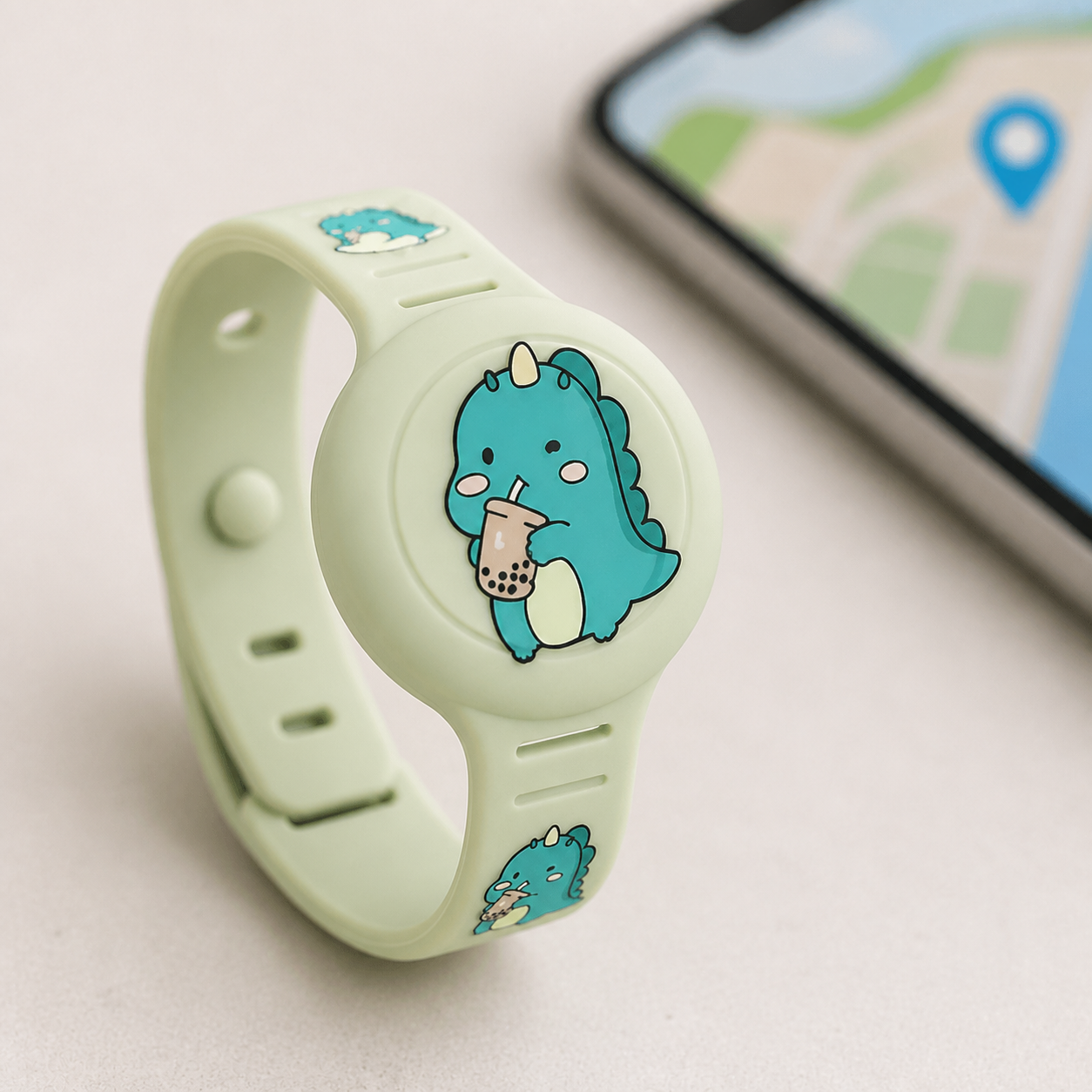 Pulsera GPS infantil LITTLELOCATE en color verde sobre fondo blanco con correa ajustable