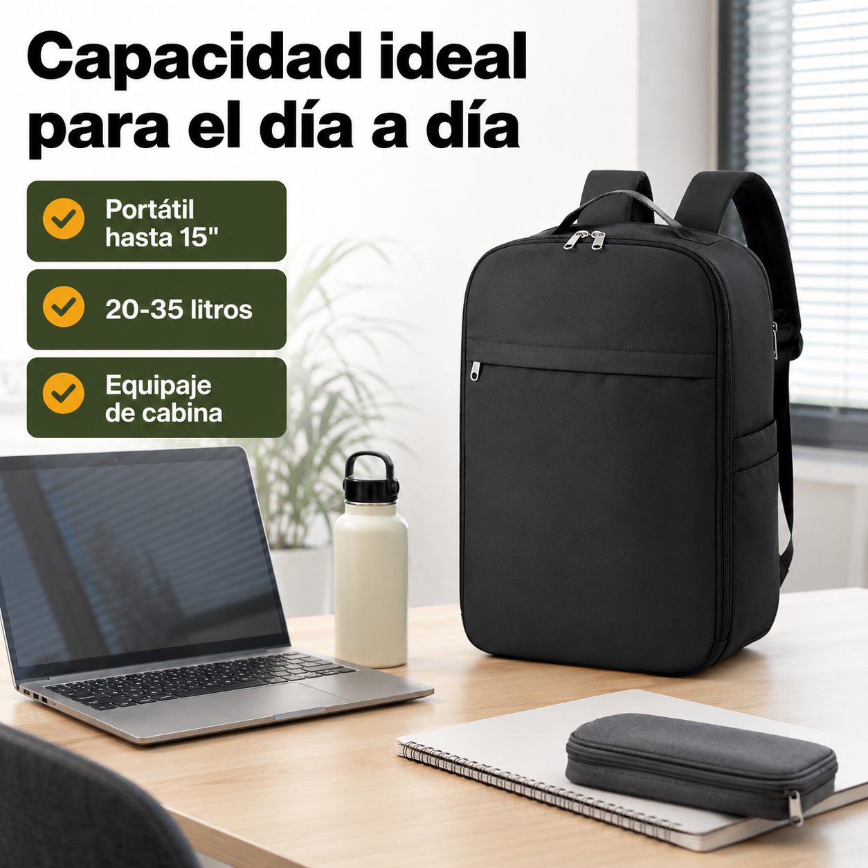 Mochila para portátil mostrada junto a objetos cotidianos para apreciar su tamaño y capacidad real