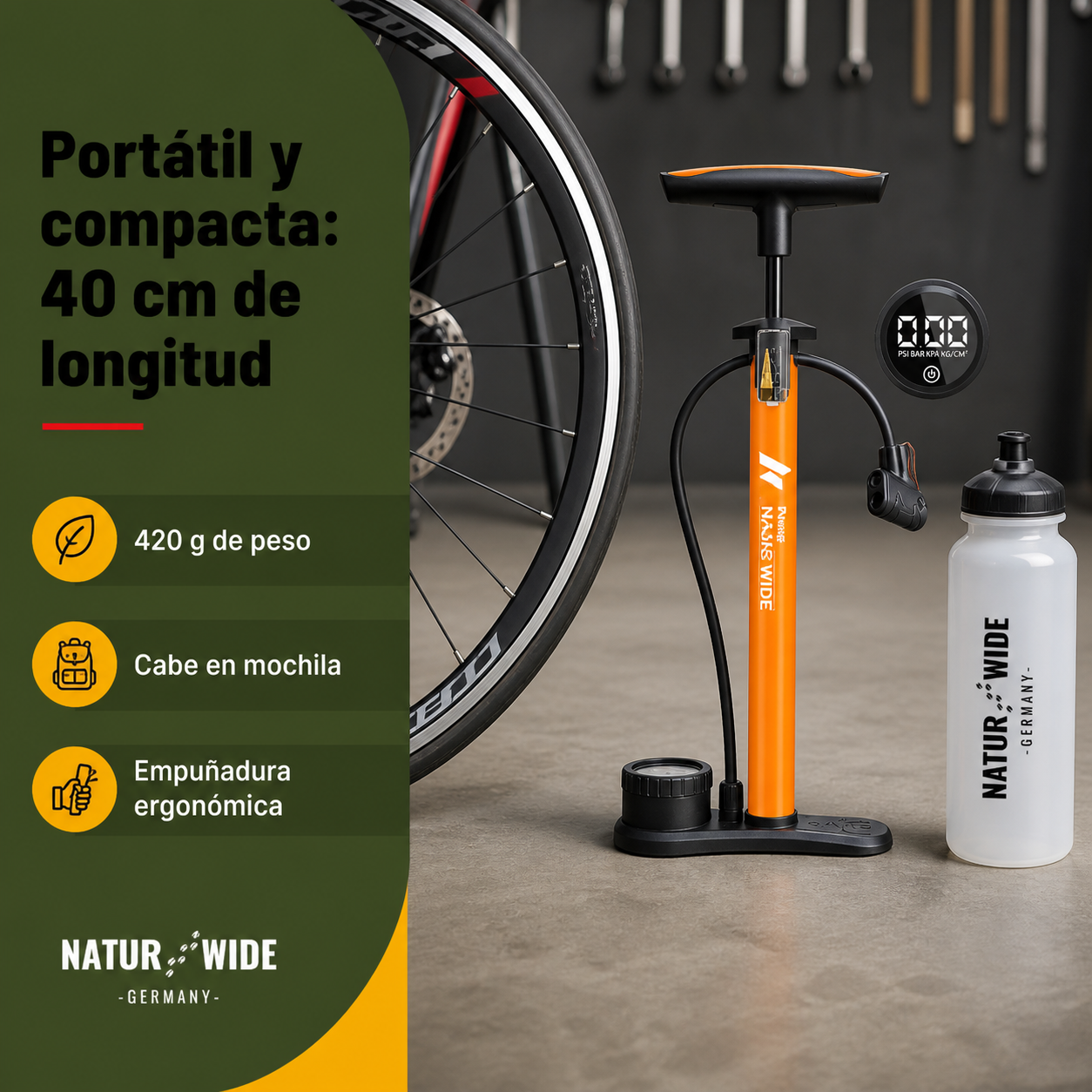 Bomba manual de 11 bar junto a neumático de bicicleta mostrando dimensiones reales de 400 mm de longitud