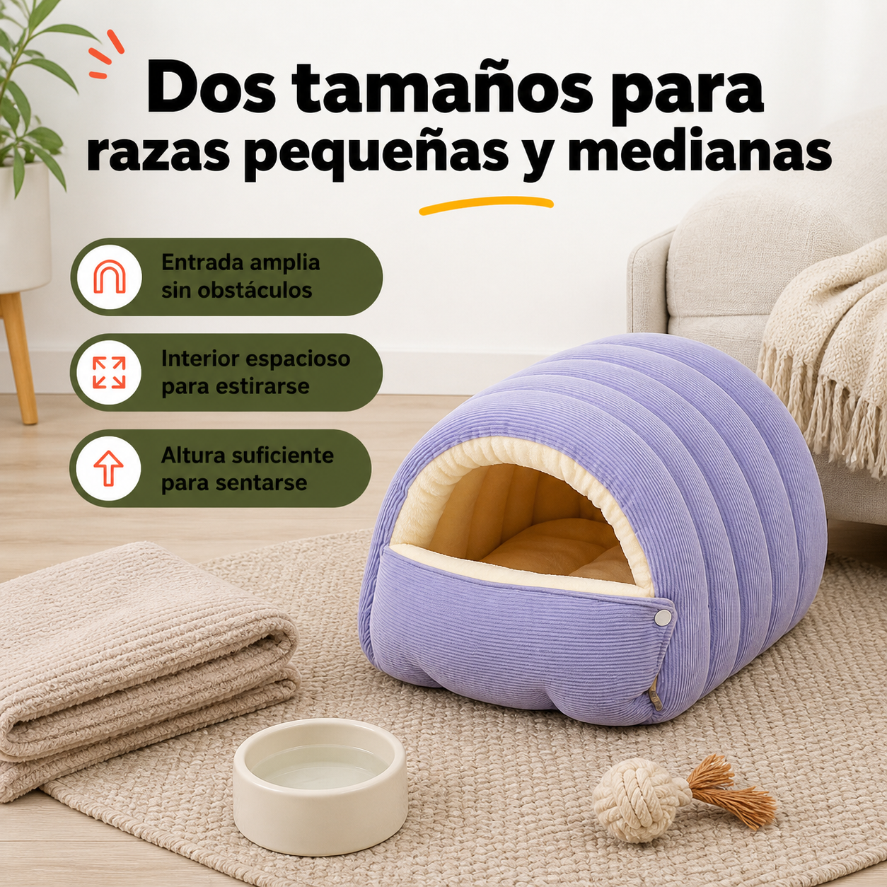Cama cueva para mascotas junto a objetos cotidianos mostrando su tamaño real en contexto de uso