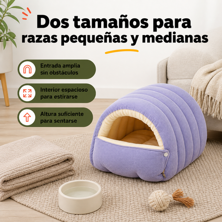 Cama cueva para mascotas junto a objetos cotidianos mostrando su tamaño real en contexto de uso