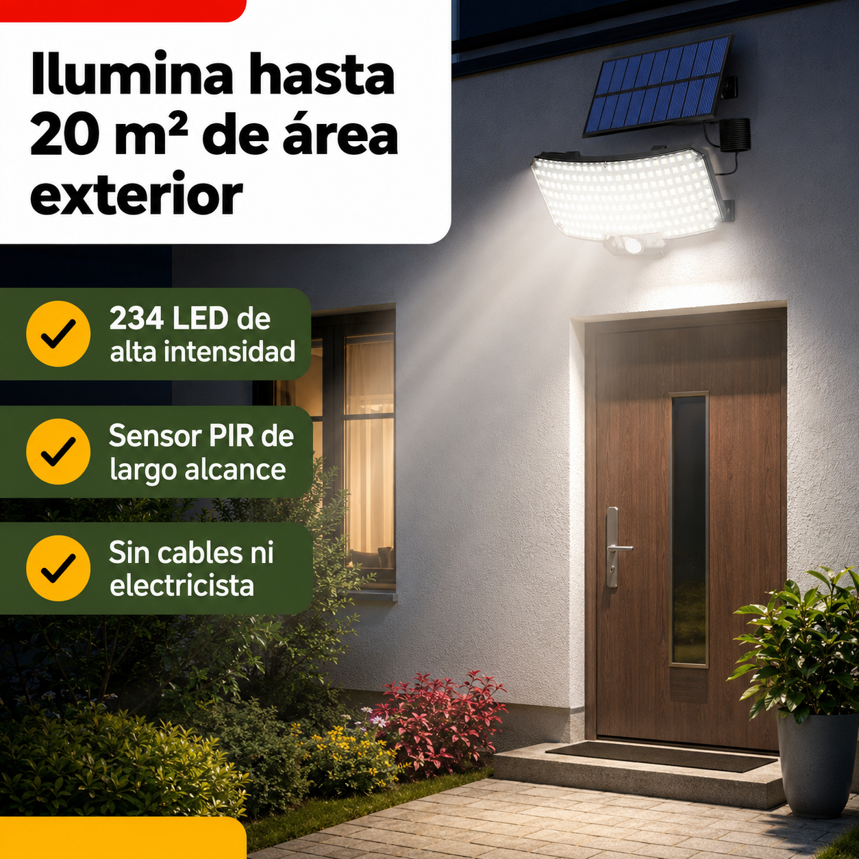 Foco solar de 234 LED mostrando alcance de iluminación y área de cobertura en jardín