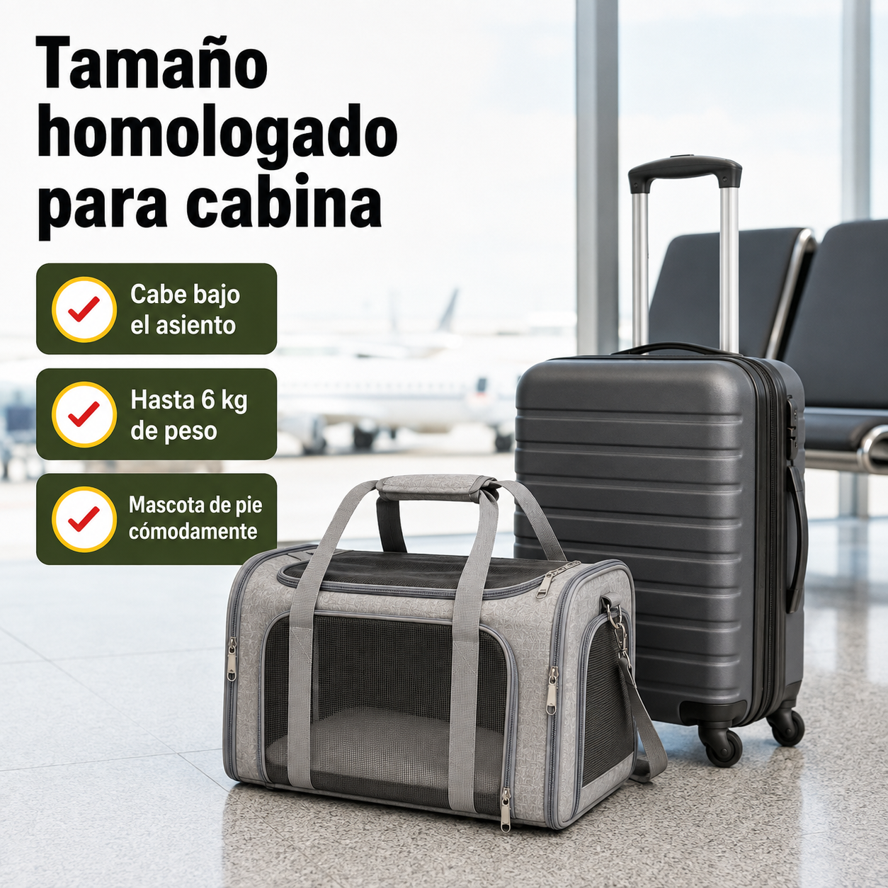 Transportín para mascotas de 45×28×28 cm junto a maleta de cabina mostrando tamaño comparativo